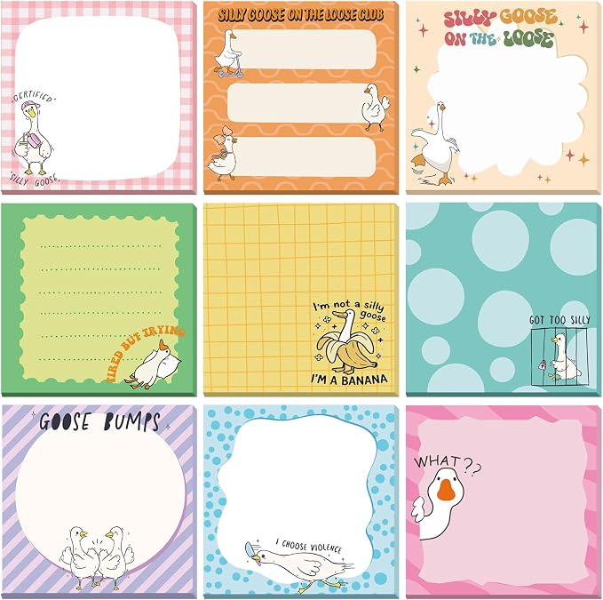 9 Pads Cute Sticky Notes Cartoon Self Stick Notepads 3x3 Inches Notes Adhesive Memo Pad Office Decor Gifts for Students School Teacher Office Meeting(Goose)