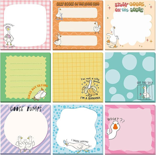 9 Pads Cute Sticky Notes Cartoon Self Stick Notepads 3x3 Inches Notes Adhesive Memo Pad Office Decor Gifts for Students School Teacher Office Meeting(Goose)