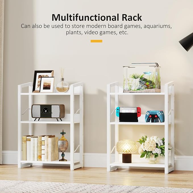 Hosfais Book Shelf Small Bookshelf - 3-Tier Wood Bookcase Industrial Bookshelf Metal Narrow Bookcase Storage Organizer Display Rack for Bedroom Living Room Home Office (White)