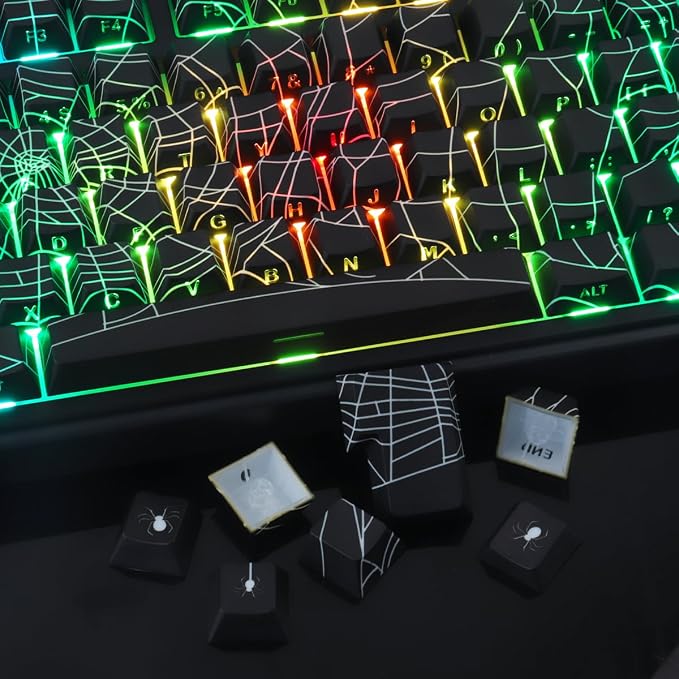 Tsungup Keycaps 130 Keys PBT Cool Spider Web Side Print Custom Keycaps,Cherry Profile Key Caps Keyboard Keycap Set for Cherry MX Switches Mechanical Keyboard(Black)