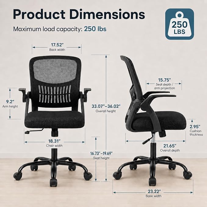 Ergonomic Office Chair, Home Office Desk Chair, Breathable Mesh Desk Chair with Adjustable Lumbar Support and Flip-up Armrests, Game Chairs, 360° Swivel Desk Chairs for Conference, Meeting Room(Blank)