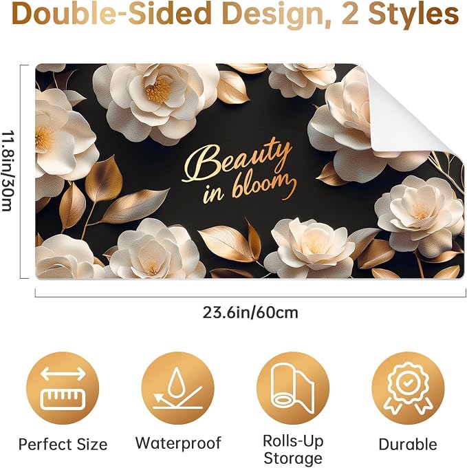 Dual-Sided Synthetic Leather Decorative Makeup Mat for Crafting, Furniture Protection, Scratch & Stain Resistant Surface Desk Pad, Waterproof Easy to Clean Vanity Protector (White Camellia)