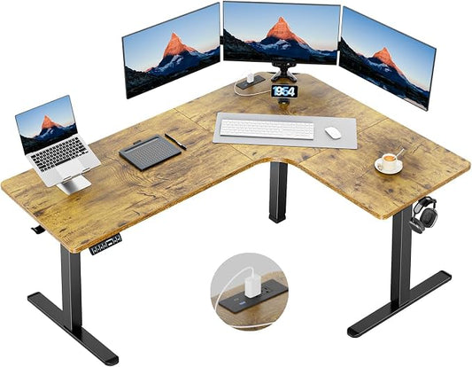 HUANUO 63″ L-Shaped Standing Desk, Built-in Power Outlets, Vintage Brown | Smooth Electric Height Adjustment, 3 Memory Presets, Sturdy Steel Frame, 220 lbs Capacity, Large Power Strip Holder