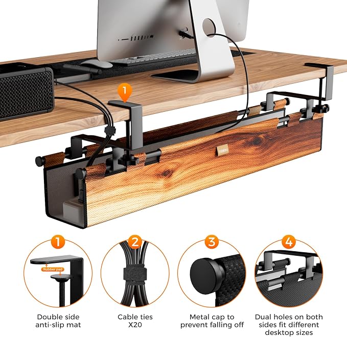No Drill Thickened Under Desk Cable Management,38.5In,Wood-Grain | Upgraded Double-Layer Extra Thick Standing Desk Wire Management,Cord Organizer with Clamp/Screw Mount,for Office,Home
