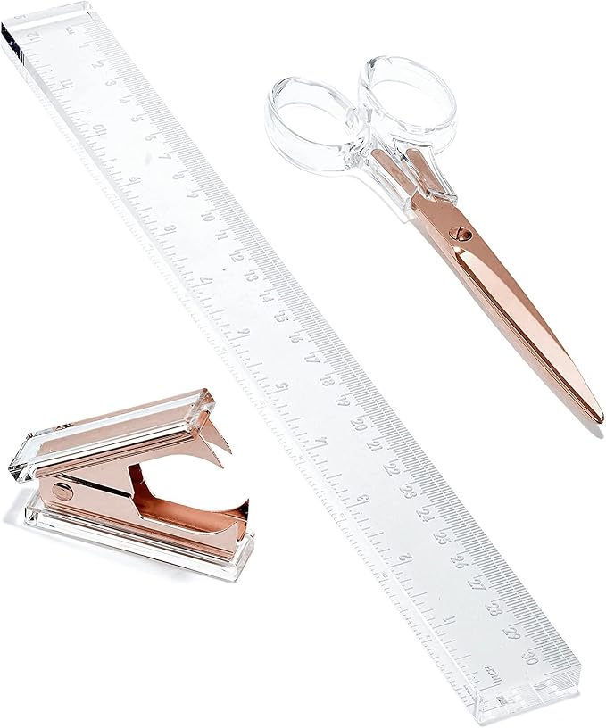 3-Piece Acrylic Desk Set, Clear with Rose Gold Metal | Ruler, scissors, and staple remover set, Functional and elegant desk accessories, Stationery tools for office, and school