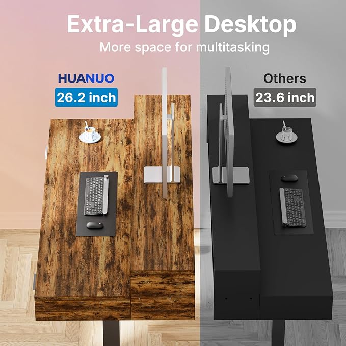 HUANUO 63″ x 26″ Electric Standing Desk with 2 Drawers &24.4″ Large Keyboard Tray, C-Clamp Mount Compatible, Adjustable Computer Desk for Office, Sit Stand Up Desk with 4 Height Presets, Vintage Brown