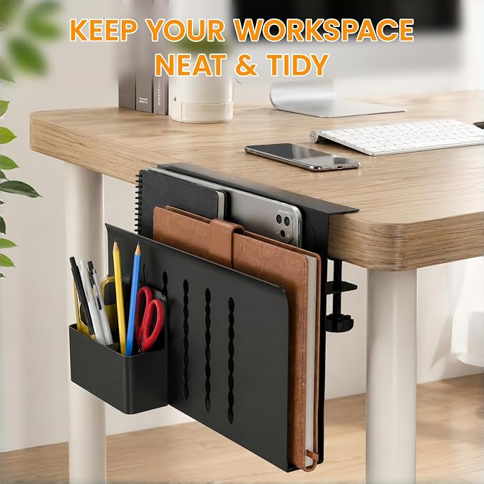 UIN Desk Side Storage, Steel Hanging Desk Organizer with Magnetic Pen Holder, No Drill Laptop Holder, Clamp on Laptop Mount Table Hanging Storage for Office Home, Fits Flat Edge Tables 0.3" to 2.1"
