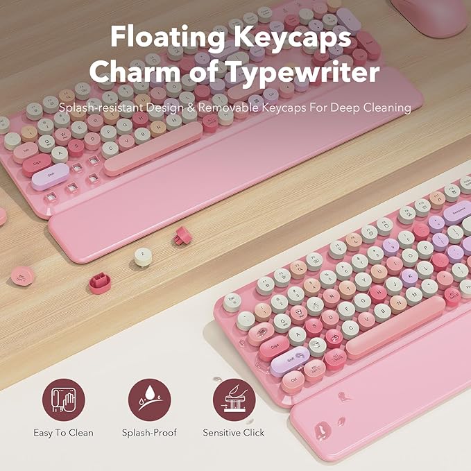 Wireless Keyboard and Mouse Combo, Cute Retro Typewriter Keyboard with Round Keycaps, Full-Size Aesthetic Keyboard with Magnetic Wrist Rest, 2.4GHz USB for Windows/Mac Desktop Laptop(Pink Multi-Color)