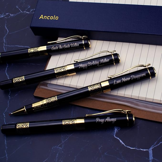 Ancolo Engraved Pens Luxury Business Pen with 10 Black Refills Quality Pens Metal Body - Custom with Names Message - Gift Pen Set for Family Colleague Elder Friends
