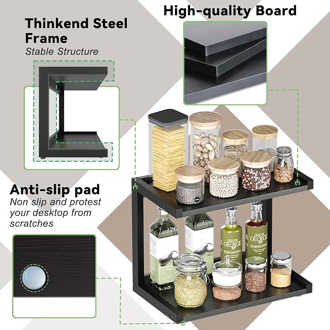 MARTY Kitchen Counter Shelf Organizer, 2 Tier Coffee Station/Bar Organizer | Spice Rack for Countertop, Mugs Cups, Desk Shelf Riser, Bathroom Counter Organizer, Wood+Metal, Black