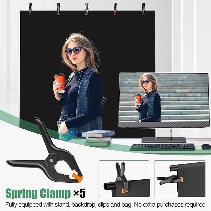 Black Backdrop Kit, 5×7ft Portable Black Photo Background with Adjustable T-Shaped Stand, 5 Clamps, Carrying Bag for Parties, Streaming, Photography, Zoom, Gaming, Video Studio