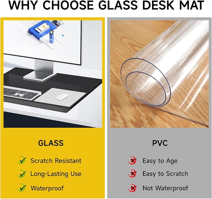 VASUHOME 32" x 20" Black Tempered Glass Desk Mat - Multi-Functional Desk Pad for Keyboard and Monitor Protection, Dry Erase Surface, Ideal Table Top Protector for Home & Office
