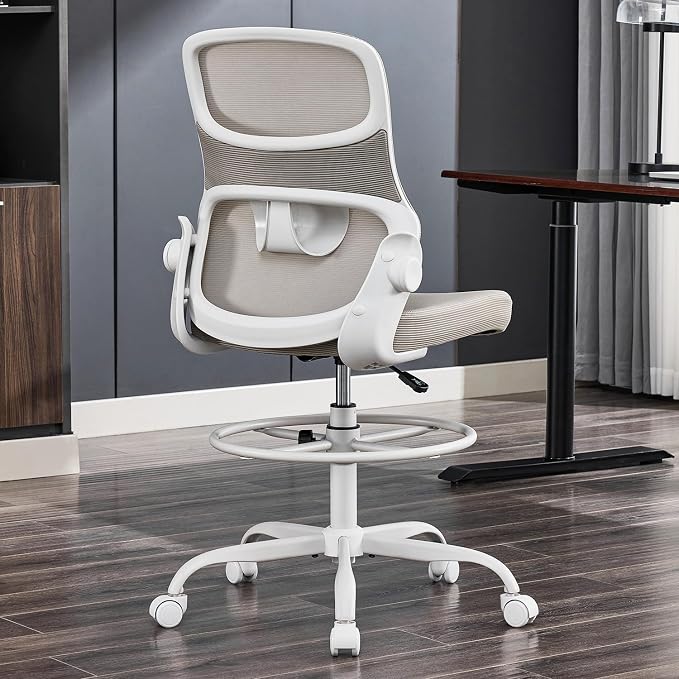 Armless Drafting Chair, Tall Office Chair for Standing Desks | A foot ring steadies legs through crafting and studio projects; breathable lumbar mesh and silent casters fit compact spaces.
