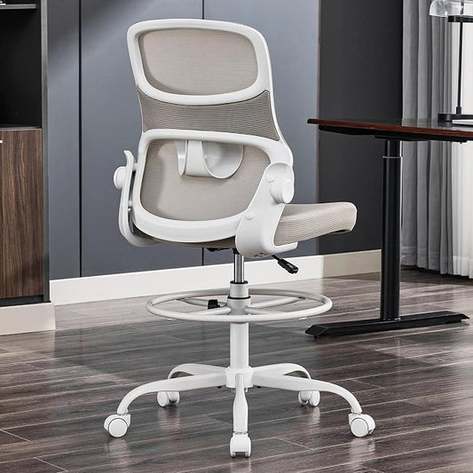 Armless Drafting Chair, Tall Office Chair for Standing Desks | A foot ring steadies legs through crafting and studio projects; breathable lumbar mesh and silent casters fit compact spaces.