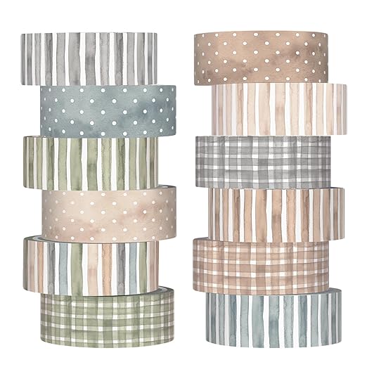 12 Rolls Watercolor Floral Washi Tape Set 15 mm Vintage Flower Decorative Masking Tape for Summer School Arts DIY Craft Scrapbook Journal Supplies Gifts(Watercolor,Stripes and Plaid)