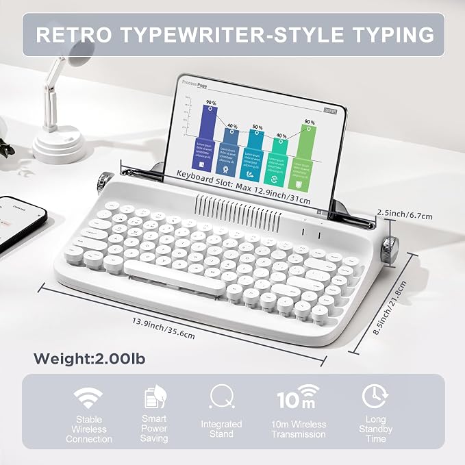 YUNZII ACTTO B303 Wireless Keyboard, Retro Bluetooth Aesthetic Typewriter Style Keyboard with Integrated Stand for Multi-Device (Snow White, B303)