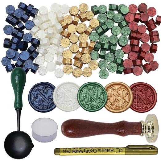 Initial Alphabet Wax Seal Stamp Kit, Retro Letter N Sealing Stamp with 150Pcs Sealing Wax Beads Spoon Pen Set for Wedding Invitations Cards Envelopes (N)