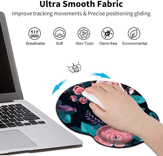 Mouse Pad with Wrist Support Gel, Ergonomic Mouse Pad with Comfortable Wrist Rest, Gaming Mousepad Non-Slip PU Base for Laptop Office Easy Typing & Pain Relief,Pink Flowers
