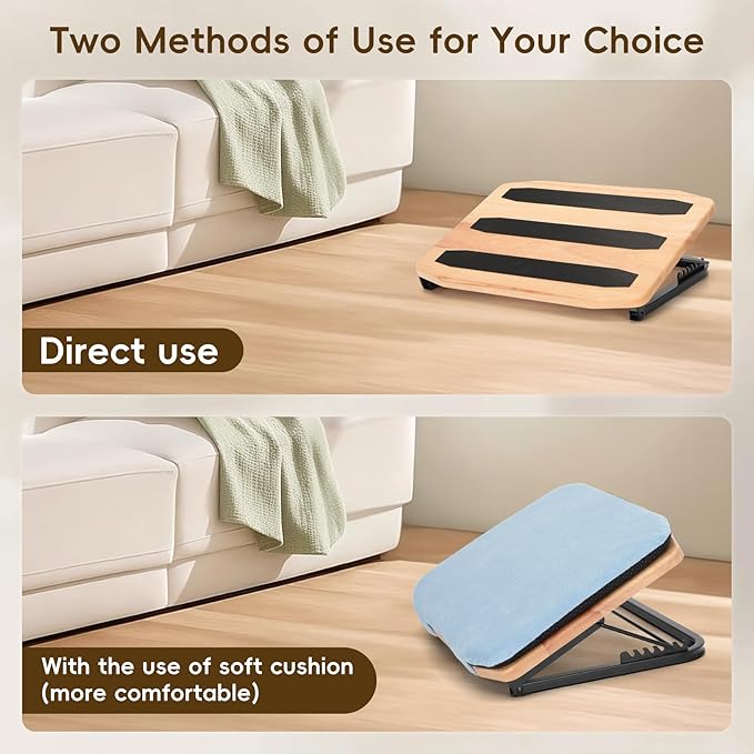 Under Desk Foot Stool Wood-Adjustable Ergonomic Foot Rest- 7 Adjustable Angles Wood Desk Footrest, Under Desk Foot Rest for Office Leg Rest - Natural-with Blue Cushions
