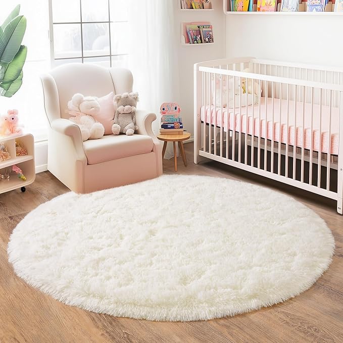 5'x5' Cream Round Rugs for Girls Bedroom, Ultra Soft Fluffy Circle Rug for Kids Room, Cute Shag Rugs for Living Room Playroom Tent Castle Home Decor Rug