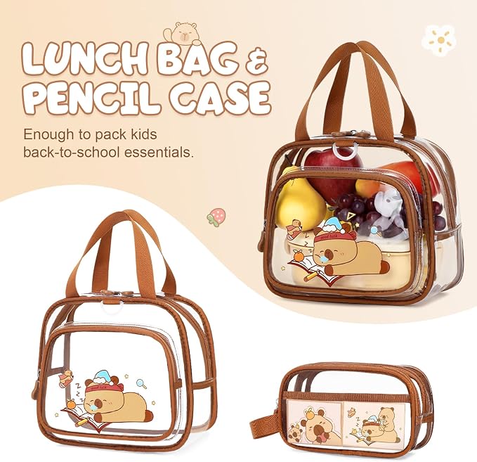 Capybara Theme Clear Backpack, 28Pcs School Supplies Stationery Transparent Backpack Set with Lunch Box Pencil Case Pens Notebooks for Kids Girls Elementary Middle School Stadium Approved