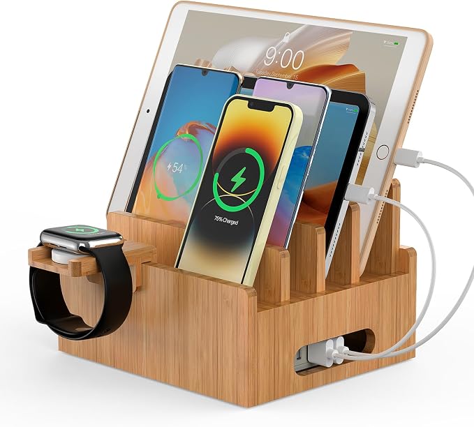 Pezin & Hulin Bamboo Charging Stand, Dock Organizer for Multi Devices, Cell Phone, Tablets, Smart Watch, with Pack 5 Cables, No Power Charger Block | Dock Organizer for Multi Devices, Cell Phone, Tablets, Smart Watch, No Power Charger Block