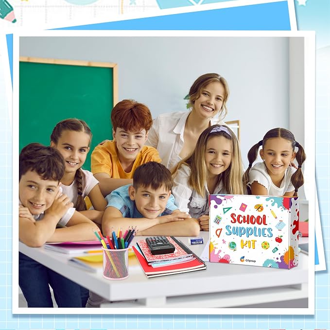 Gilprop 2 Sets School Supply Kit 97 Pcs Per Set Back to School Essentials Bundle Pencils Scissors Glue Highlighter Marker Pen Notebook Eraser Sharpener Calculator Stapler for Middle High Students