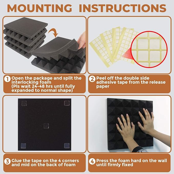24 Pack Black 12 x 12 x 2 Inches Pyramid Designed Acoustic Foam Panels, Sound Proof Foam Panels for Walls, High Density and Flame-Retardant Acoustic Panels, Sound Panels for Recording and Home Studio