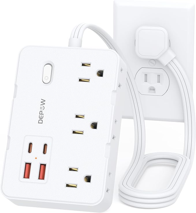 DEPOW Surge Protector Power Strip, 3 FT Extension Cord with 6 AC Outlets(1625W/13A) 4 USB Ports,1050J Surge Protection, Wall Mountable Charging Station for Office, Home, White