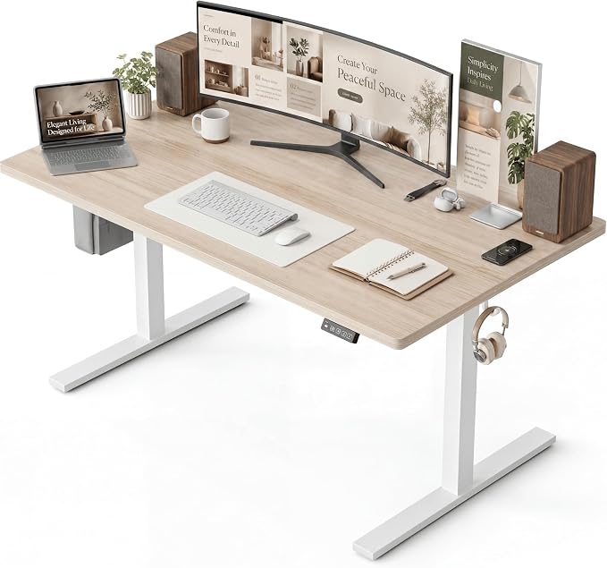 Grandder 63x32 Large Electric Standing Desk, Height Adjustable Computer Desk with 2 Memory Presets, 31.5" Deep Desktop Sit Stand Desk Home Office Desk Workstation Table with Hooks, Light Walnut