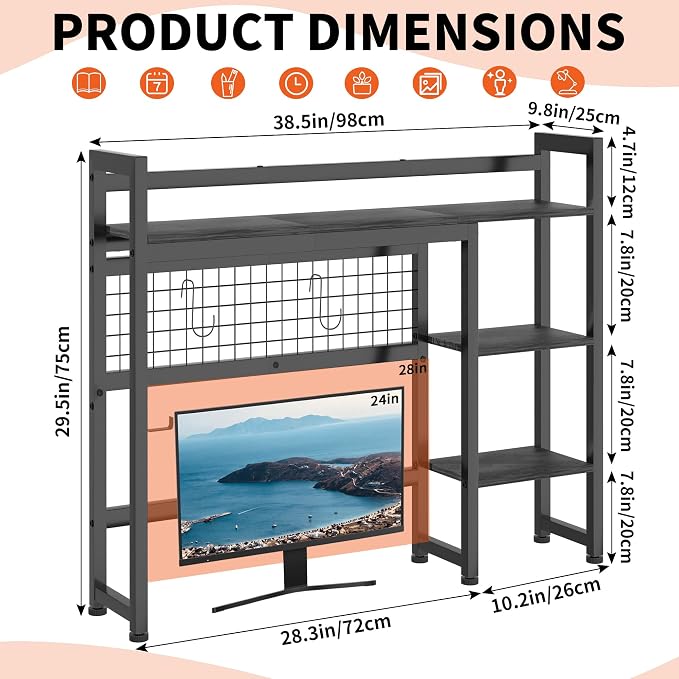 Desktop Shelf, 38.5'' Desktop Organizer Shelf for Computer Monitor, 4 Tier Hutch Storage Rack for Home Office Dorm, Black