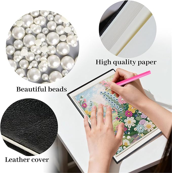 FRANDEK Pearl Painting Notebook Kit, Summer Forest A5 DIY Journal with 50 Blank Pages, Diamond Gem Art Cover with Waterproof Canvas, Beginner Craft Set with Full Tools for Adults