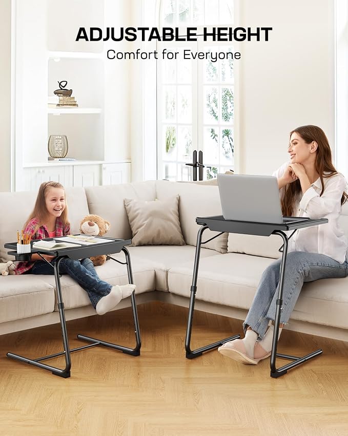 LORYERGO Multifunctional TV Tray Table - 2 Packs Adjustable TV Dinner Tray Tables with 6 Height & 3 Tilt Angle, Folding TV Trays with Cup Holder for Bed & Sofa, for Eating & Reading