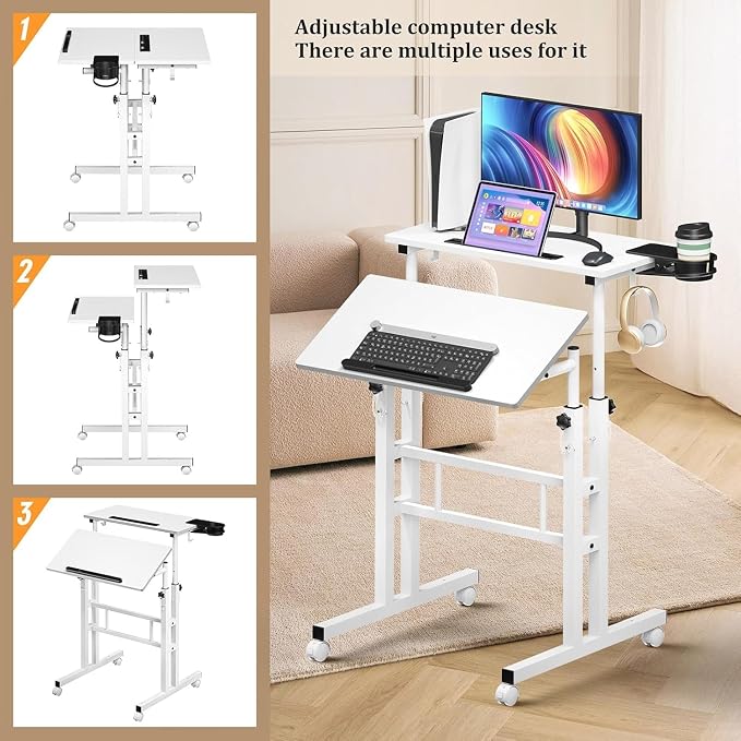 Simple Deluxe Split Top Rotating Standing Desk on Wheels – 23.6" Manual Adjustable Height Mobile Laptop Computer Table – Sit Stand Rolling Workstation with Tilt Function – White
