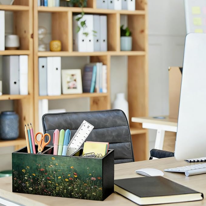 Moody Floral Pen Pencil Holder for Desk, Desk Pen Organizer Dark Green Wildflower Botanical Green Wooden Office Pencil Cup for Home Room Office Bedroom Desk Accessories Tabletop Decorations