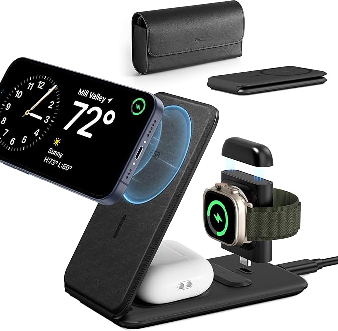 ESR for 3 in 1 Magsafe Charger, Travel Charger Stand Made for Apple Watch Certified, Foldable Charging Station Compatible with Magsafe and iPhone 17/16/15/14/13/12, AirPods 4/3/Pro, Black