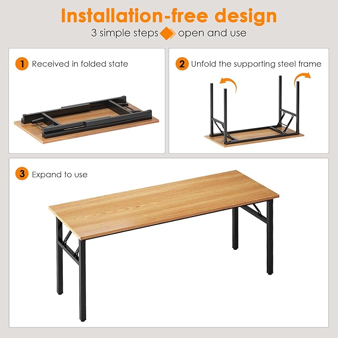 SogesHome Large Folding Computer Desk 62 Inch, No Assembly Home Office Desk, Space Saving Foldable Writing Table with Adjustable Leg Pads, Compact Workstation for Apartment Dorm Study, Teak Black