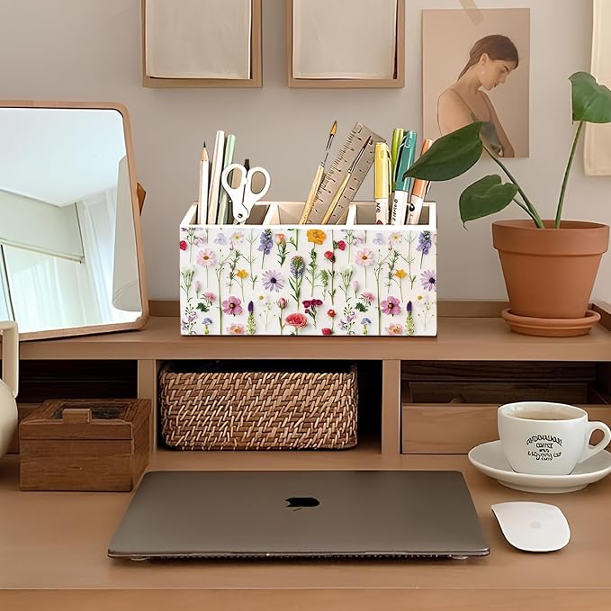 Floral Pen Pencil Holder for Desk Accessories, Cottagecore Colorful Wildflower Botanical Wooden Box Sign Decorations for Girls Room Bedroom Dorm Home Office Desk Tabletop