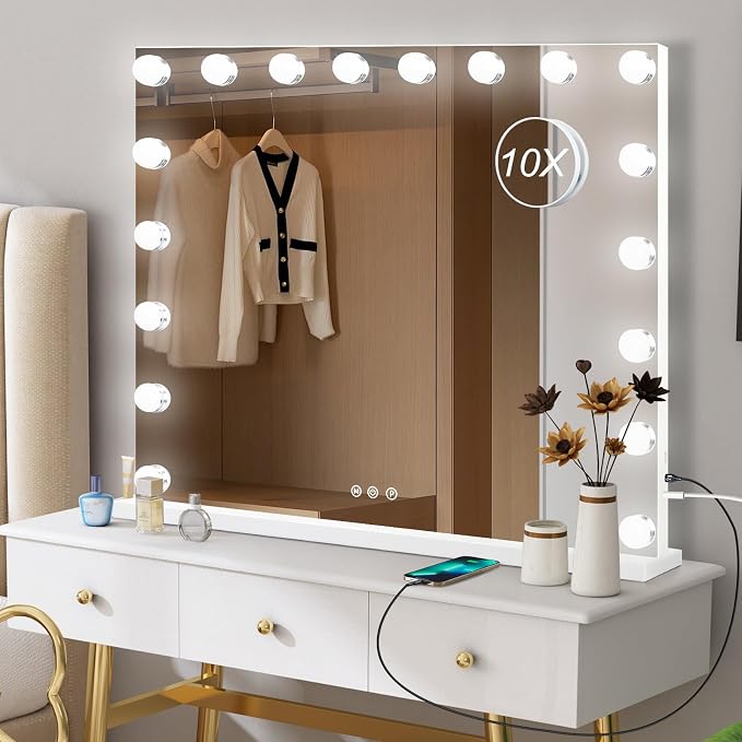 Moonee Vanity Mirror with Lights, Hollywood Lighted Makeup Mirror with 18 Dimmable Bulbs and 10X Magnification, 3 Colors Modes, Light Up Mirror, Gifts for Women, Girls,Dorm Room Essentials（32" x 24"）