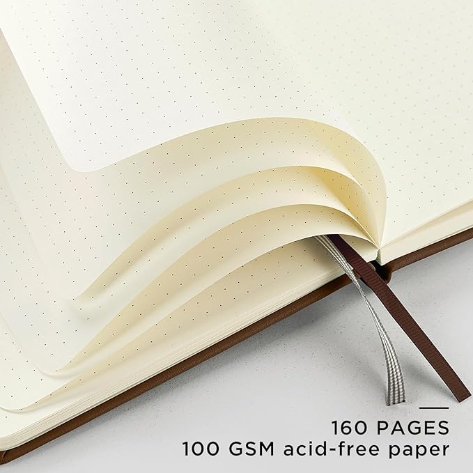 &And Per Se Dotted Journal Notebook, A5 Hardcover Leather Dotted Journal, 160 Pages 100gsm Thick Dot Grid Paper, 3 Sheets of Stickers Included - 5.7'' x 8'' (Chocolate)