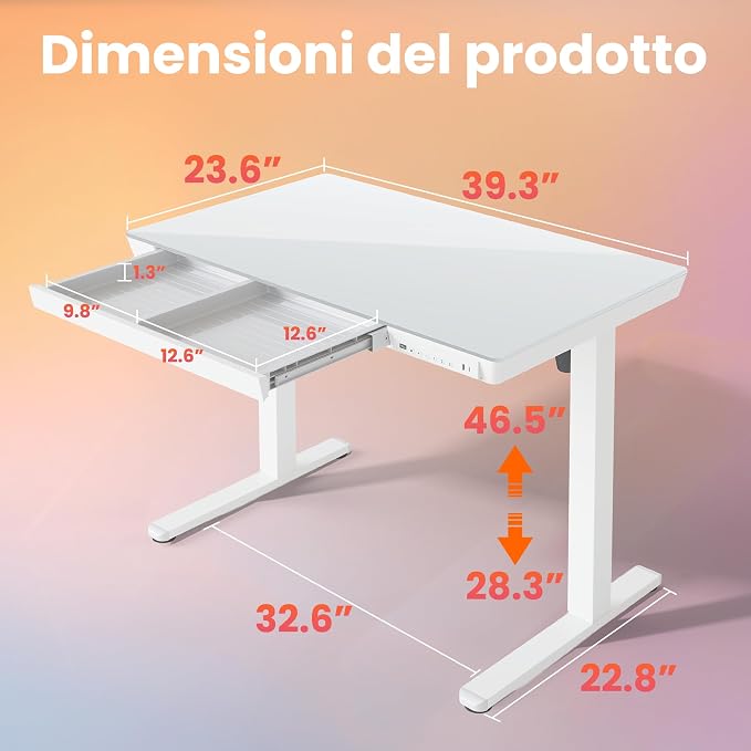 HUANUO Glass Standing Desk with Drawers, 40 X 24 Inch Electric Adjustable Height Desk, Quick Install One-Piece Tabletop with USB Charging Ports, White