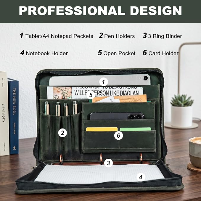 AZXCG Genuine Leather Portfolio Binder for Men& Women,Portfolio Organizer with Zipper,Leather 3 Ring Binder for iPad Pro 12.9,Business Portfolio for Men,Gift for Father's Day