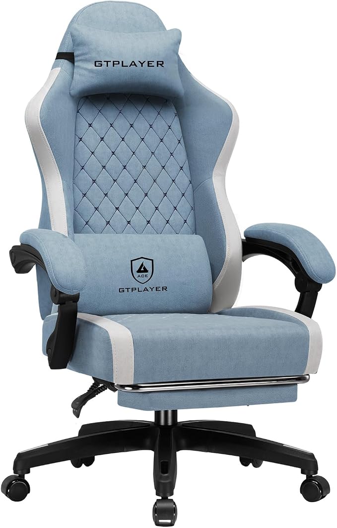 GTPLAYER Big and Tall Gaming Chair 350lbs Heavy Duty Office Chair with Foot Rest, High Back Pocket Spring Ergonomic Computer Chair for Adults,Wide Comfy Seated Cushion with Linkage Armrests,Light Blue