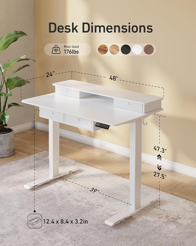 CubiCubi 48" x 24" Standing Desk with Drawers, Height Adjustable Electric Workstation, Computer Sit Stand Up Table with Large Storage Shelf 4 Drawers and 2 Hooks, White