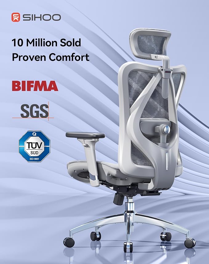 SIHOO M57 Ergonomic Mesh Office Chair, High Back Home Desk Chair with 3D Armrests, Lumbar Support and Adjustable Headrest, Comfortable Computer Chair, Big & Tall Office Chair Hold 330 LBS-Light Grey