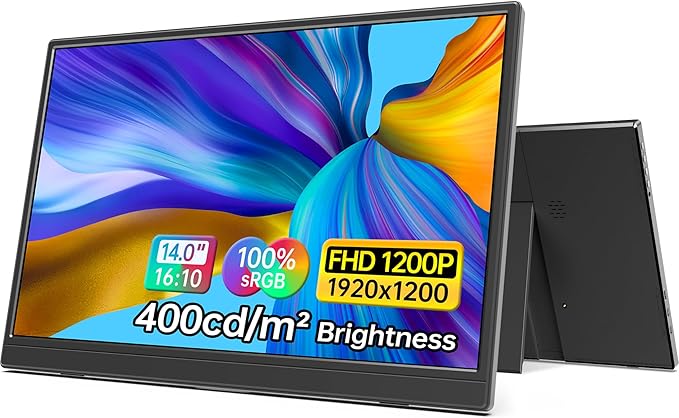 14 Inch Portable Monitor FHD1200P Ultra-Slim for Laptop Monitor, USB-C&HDMI Plug&Play,100% SRGB,Dual Speakers Extender Display. Built-in Stand,for Laptop,PC Phone Xbox PS4/5