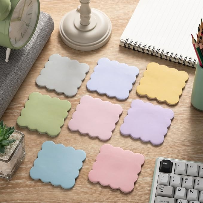Eaasty 8 Pack Scalloped Sticky Notes Cute Adhesive Memo Pads Pastel Colors Aesthetic Unlined Self Stick Note Pads 3" x 3" Pretty Wavy Sticky Notes Bulk 240 Sheets for School Office Supplies