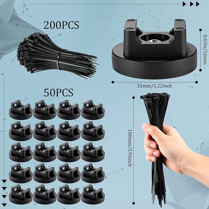 Yookeer 250 Pieces Magnetic Zip Tie Mount Multipurpose Cable Holder Magnets Magnetic Wire Management Bases with Heavy Duty Zip, Mount Nylon Cable Ties in Total (31mm)