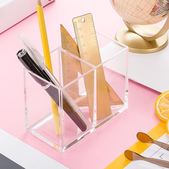 Gejoy Acrylic Pencil Pen Holder Clear Makeup Brush Organizer 2 Compartments for Desktop Stationery Office Bedroom