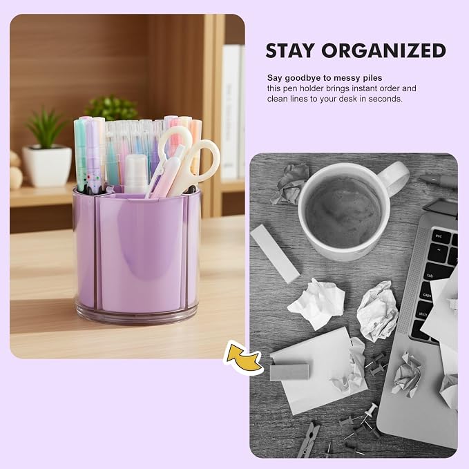 Comix 360° Rotating Pen Holder for Desk, Purple Pencil Holder with 5 Slots | Expandable Capacity, Acrylic Pen Organizer Easy to Clean, Cute Pencil Cup for Home School Office Art Supplies